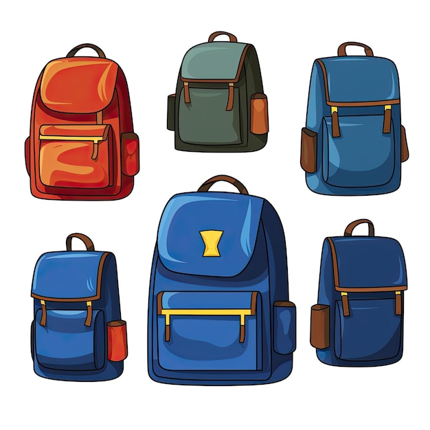 Set of different school backpacks isolated on white background Vector illustration