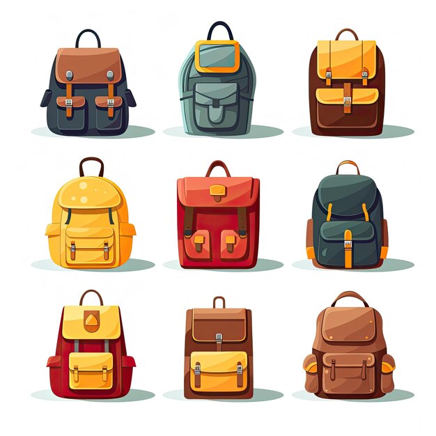 Photo set of different school backpacks isolated on white background vector illustration