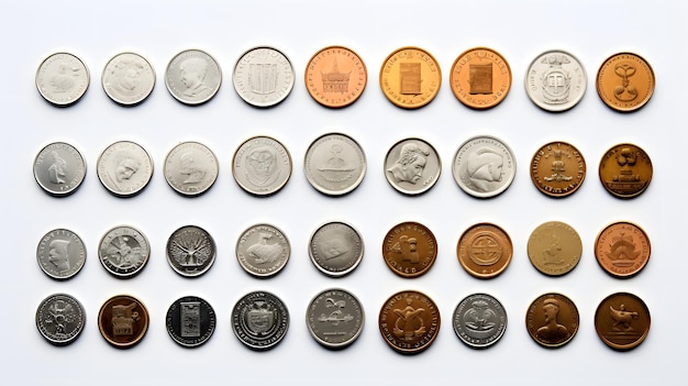 a set of different sized coins on a white background top view