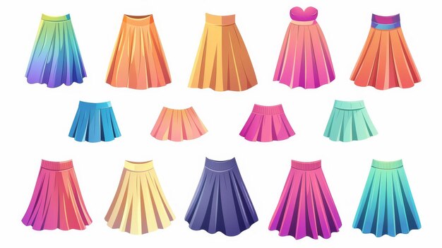 Photo set of different skirts for women modern illustrations cartoon illustrations of women39s clothes long and mini skirts of different colors isolated on white background fashion concept