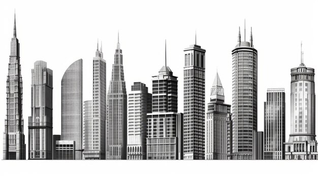 Set of different skyscraper buildings isolated on white