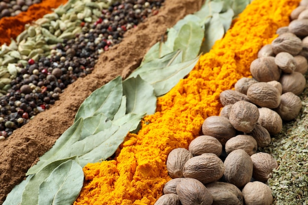 Set of different spices as background closeup