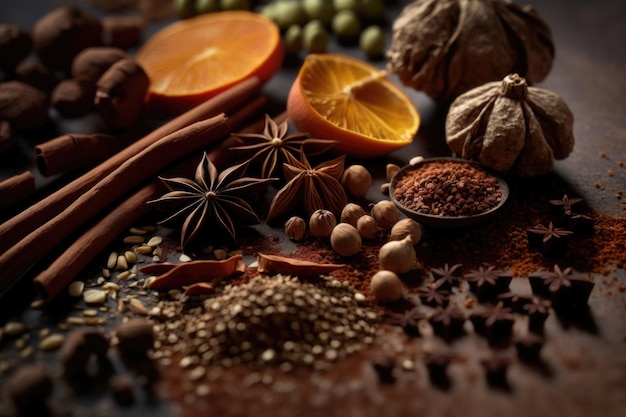 A set of different spices closeup on a dark table AI Generation