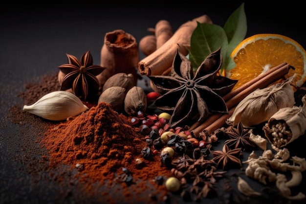 A set of different spices closeup on a dark table AI Generation