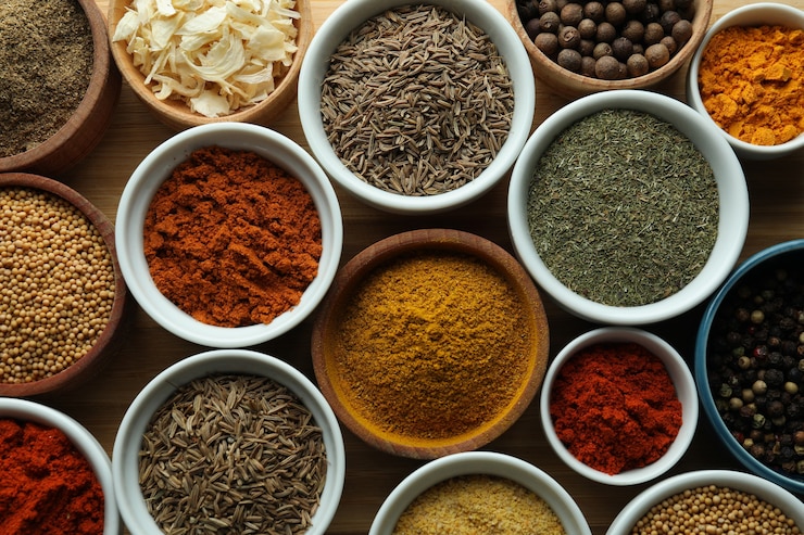 Photo set of different spices in sauce bowls