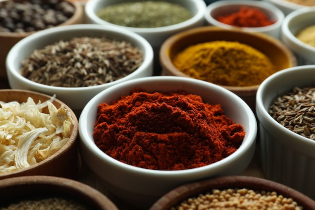 Set of different spices in sauce bowls