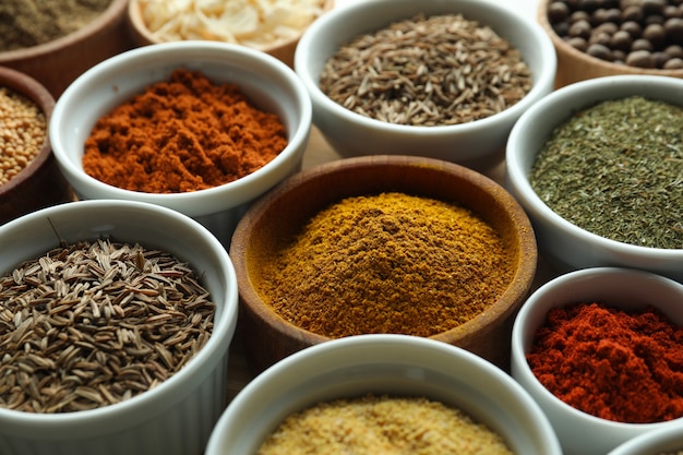 Set of different spices in sauce bowls