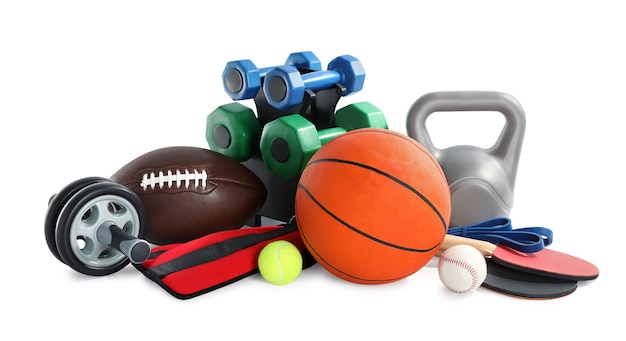 Photo set of different sports equipment on white background