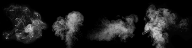A set of different steam smoke gas isolated on a black background Heartshaped smoke Smoky banner
