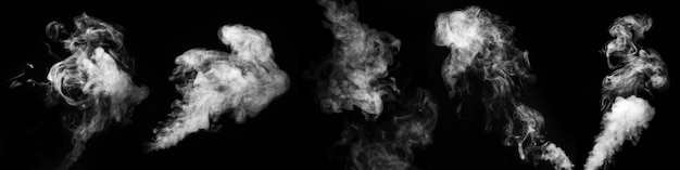 Photo a set of different steam smoke gas isolated on black background swirling writhing smoke to overlay on your photos