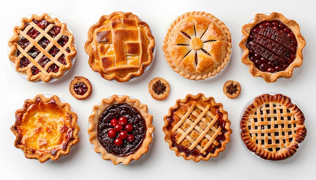 Set of different tasty pies on white background top view