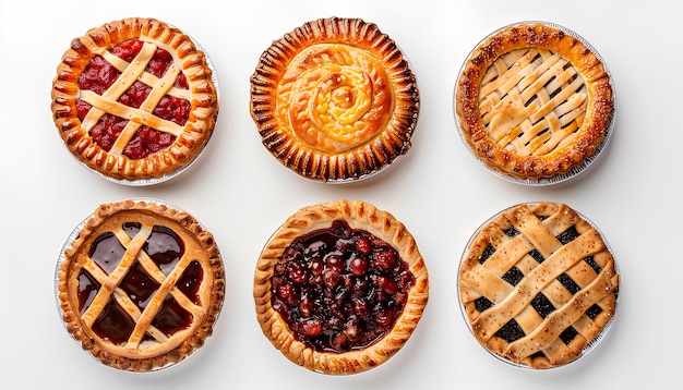 Set of different tasty pies on white background top view