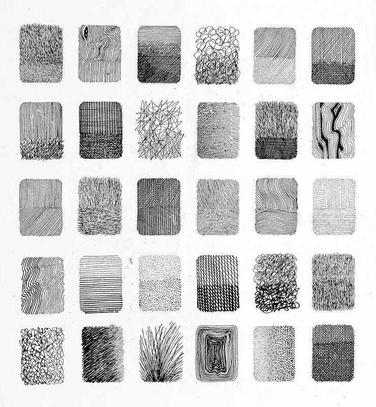 Set of different textured samples drawing by hands with black ink on white paper