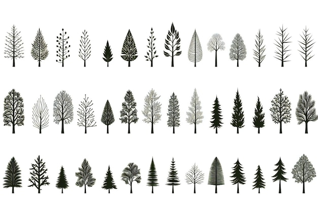 Photo set of different trees isolated on white background