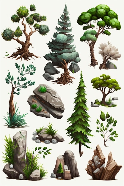 A set of different trees and rocks on a white background.