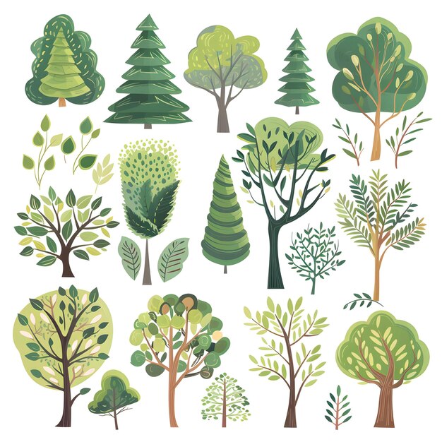 Photo set of different trees vector illustration in cartoon style isolated on white background