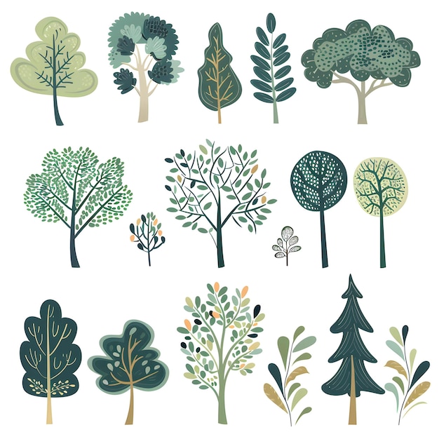 Photo set of different trees vector illustration in cartoon style isolated on white background