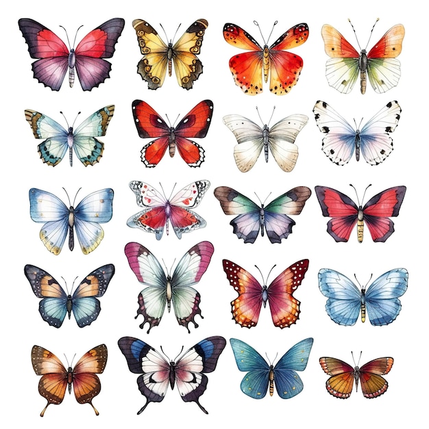 Photo a set of different types of butterflies