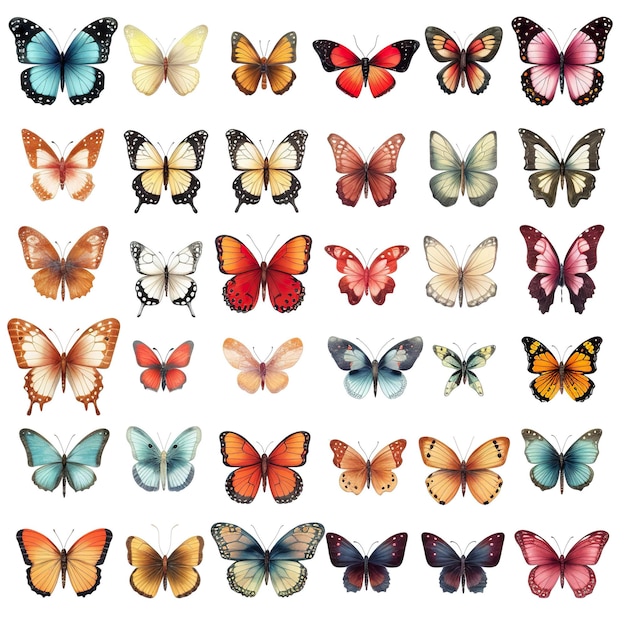 다양한 종류의 나비들이 모여 있습니다.