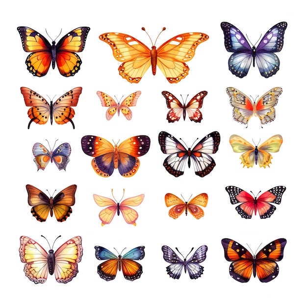 Photo a set of different types of butterflies