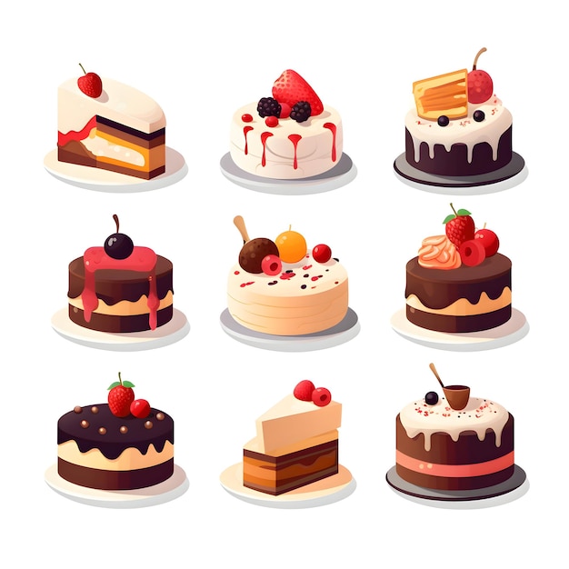 Photo set of different types of cakes vector illustration in cartoon style