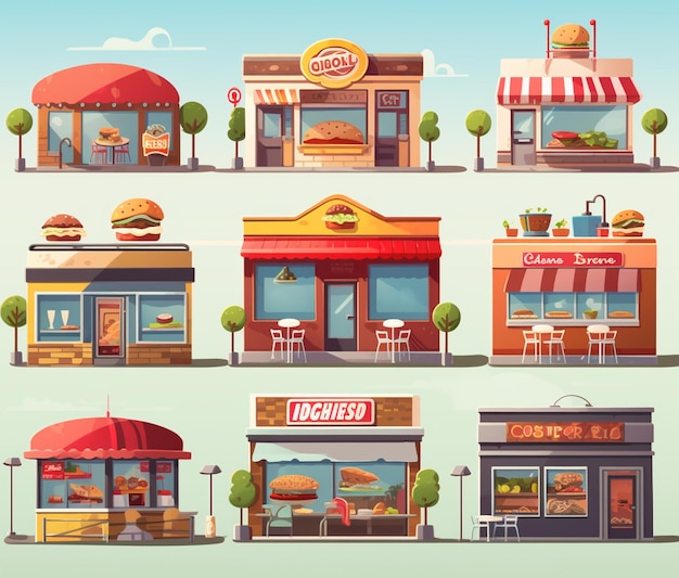 Photo a set of different types of fast food and restaurant buildings generative ai