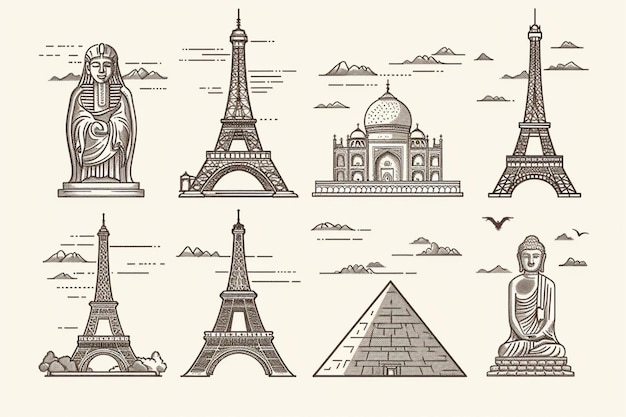 a set of different types of landmarks and monuments generative ai