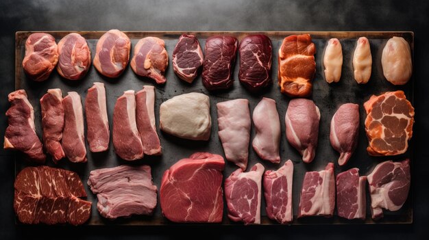 Set of different types of raw meat top view on the table black background ai generated