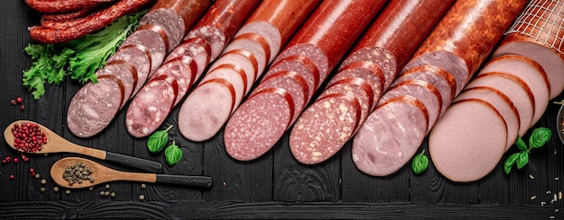 Set of different types of smoked sausage On a dark background Photo for the menu