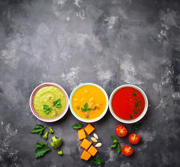 Set of different vegetable cream soups