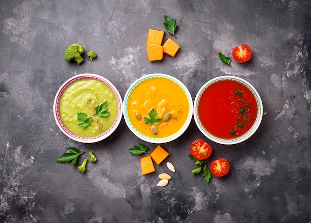 Set of different vegetable cream soups