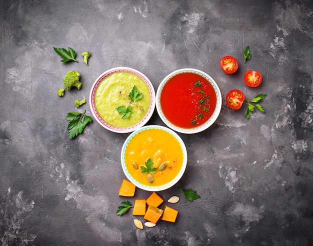 Set of different vegetable cream soups