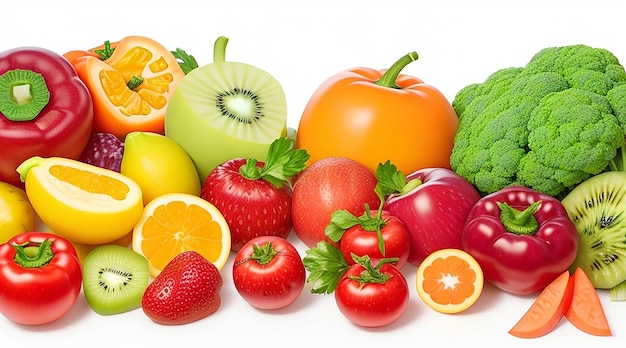 색 배경 에 있는 여러 가지 채소 와 과일 의 세트