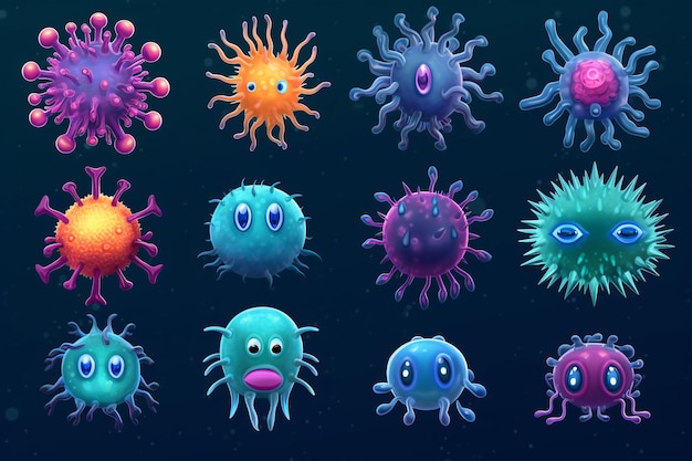 A set of different viruses and bacteria in cartoon style with different expressions