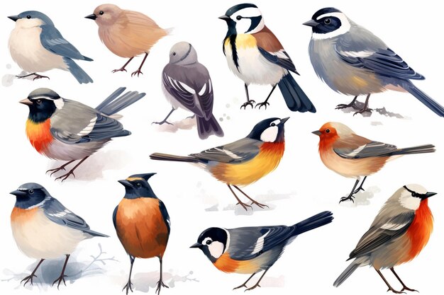 Set of different winter birds