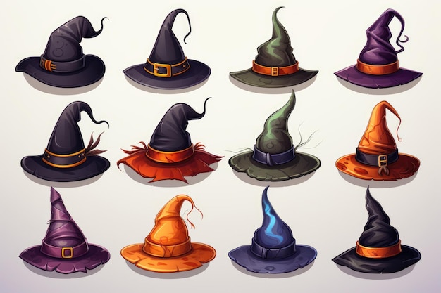 Set of different Witch hats for Halloween on light background