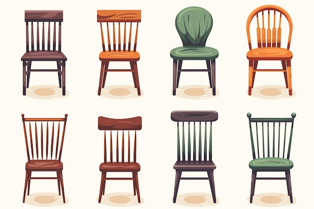 Photo set of different wooden chair isolated on white background vector illustration