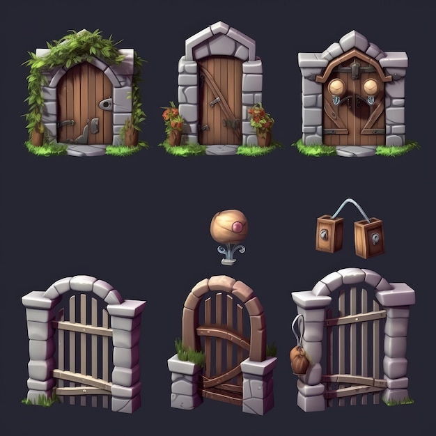 A set of different wooden doors with a door and windows.