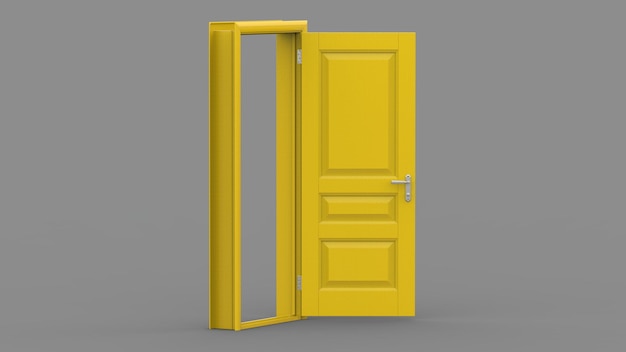 異なる黄色のドアのセットは、空の背景に3dイラストレンダリングを分離しました