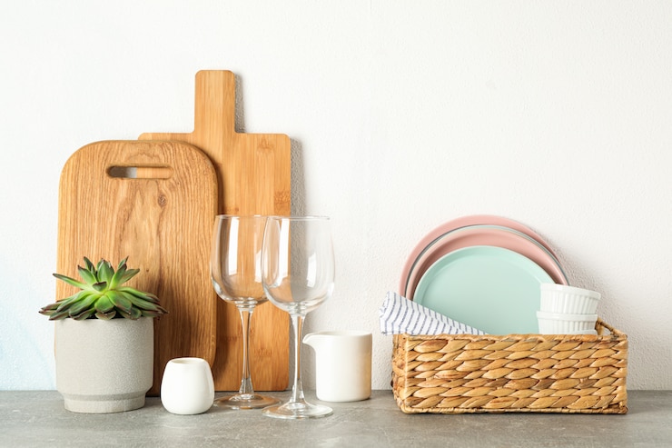 Photo set of dinnerware with succulent plant on grey table, space for text