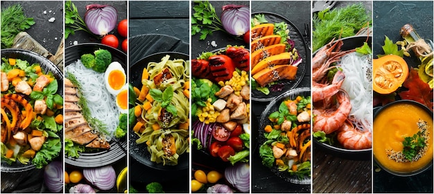 Set of dishes. Seafood, meat and vegetables. Photo collage. Banner.