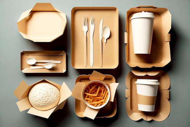 Set of disposable paper tableware to eat in cafe