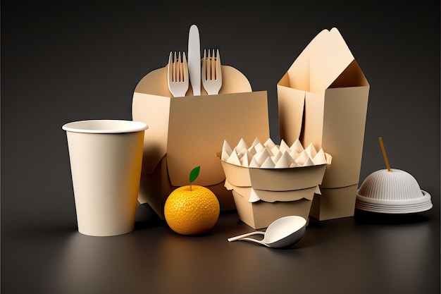 Set of disposable paper tableware for food and beverages