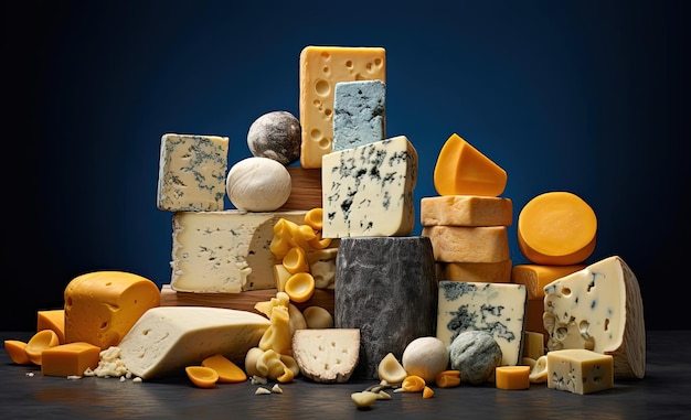 set of diverse cheeses in the style of dark skyblue and light yellow