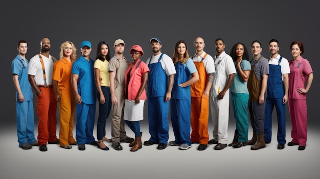 Photo set of diverse and colorful worker uniforms