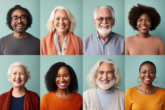 Photo set of diversity senior adult retirement people face expression multiracial group of happy positive