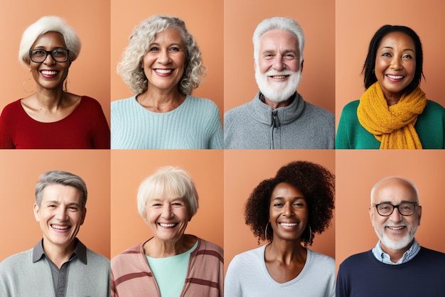 Set of Diversity Senior adult Retirement people face expression Multiracial group of happy positive