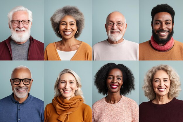 Set of Diversity Senior adult Retirement people face expression Multiracial group of happy positive