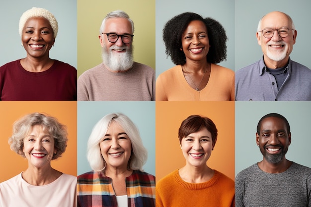 Insieme di diversità anziani adulti pensionati persone di faccia espressione gruppo multirazziale di felice positivo