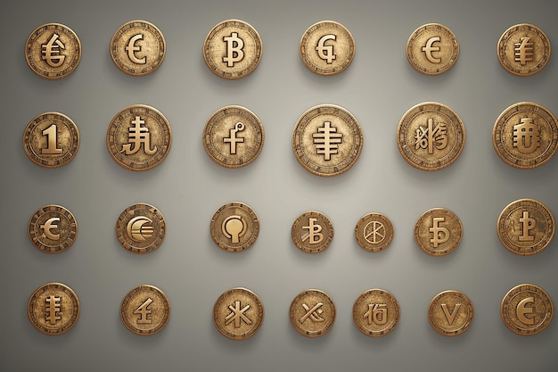 Photo set of dolden currency icons and symbols